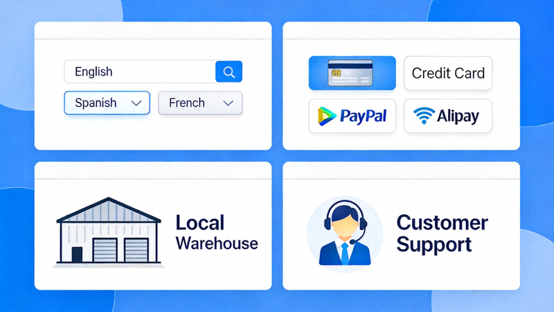 展示多语言网站界面、本地支付方式图标、本地仓库和客服中心的拼图